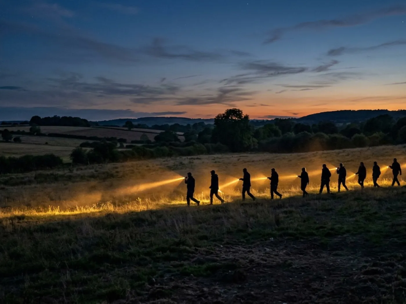 A search line crossing an open field at dusk with torchlight sweeping the ground